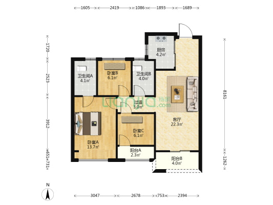文华府 3室1厅2卫 89平方