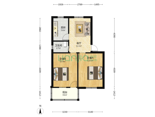 丁家弄 2室1厅1卫 64平方