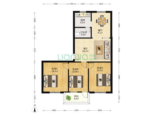 粮运汽修厂宿舍 3室2厅1卫 92平方