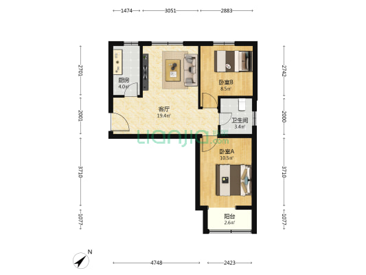 石门营新区四区 2室1厅1卫 66平方