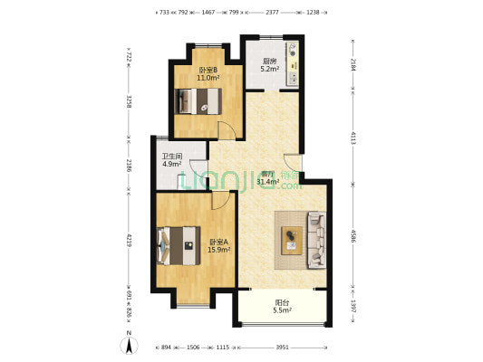花山人家 2室1厅1卫 92平方