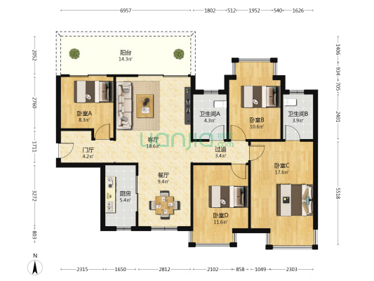 金科博翠天宸 4室2厅2卫 128平方