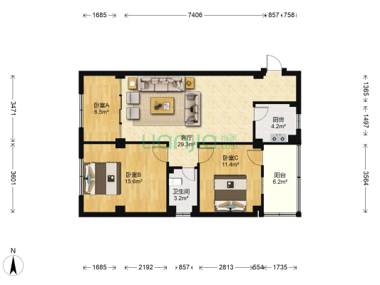 板桥商住楼 3室1厅1卫 93平方