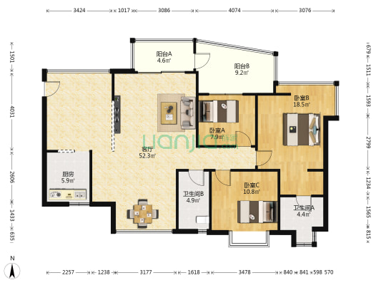 百安花园 3室1厅2卫 127平方