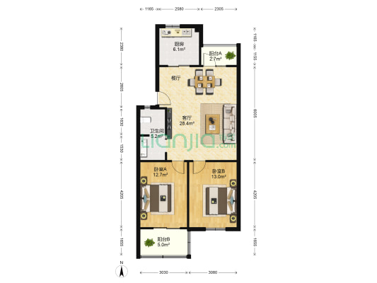 康居小区 2室1厅1卫 93平方