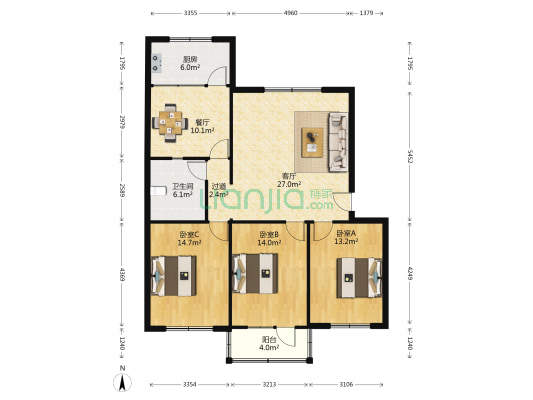 县社小区 3室2厅1卫 120平方