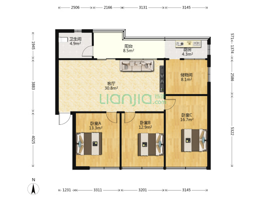 白鸥园 3室1厅1卫 113平方