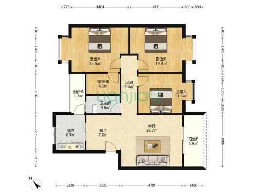 茶花新城 3室2厅1卫 110平方