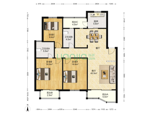 新望花园 3室1厅2卫 129平方