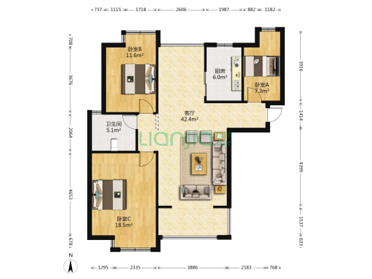 风格雅园 3室1厅1卫 115平方