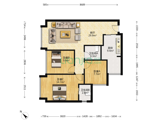 中铁颐禾公馆A区 3室1厅2卫 87平方