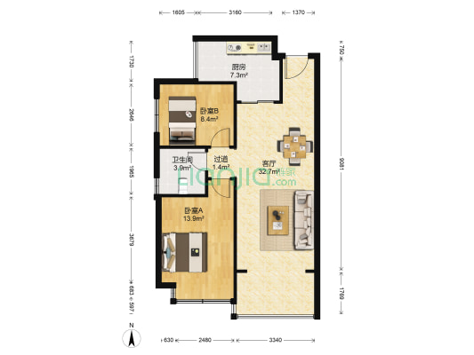恒大山水城明苑 2室1厅1卫 85平方