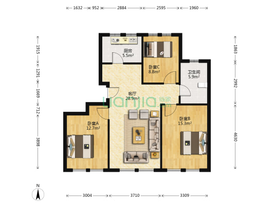 格调绮园双迎里 3室1厅1卫 103平方
