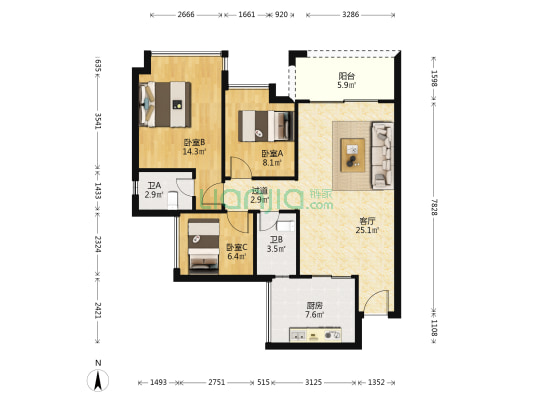 百花名轩 3室1厅2卫 90平方