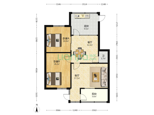 永和里6号院 2室2厅1卫 90平方