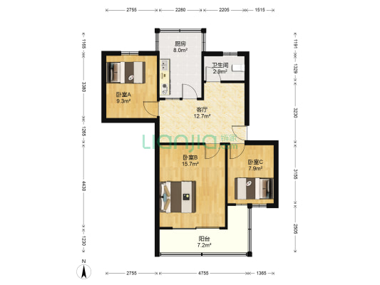 跃龙南路88号 3室1厅1卫 76平方