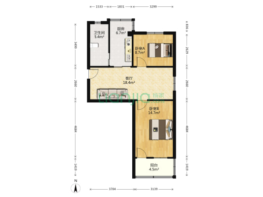 建材局宿舍(庐阳) 2室1厅1卫 66平方