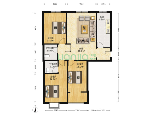 御河骏景C区 3室1厅2卫 128平方