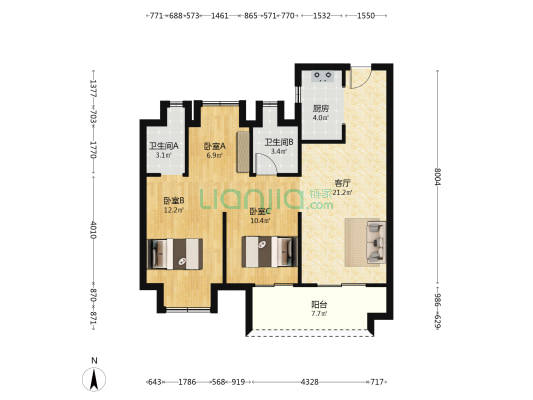 弘阳天玺尚院 3室1厅2卫 95平方
