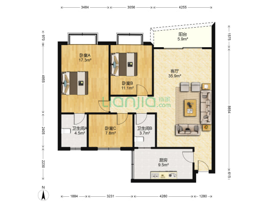 龙之苑小区 3室1厅2卫 115平方