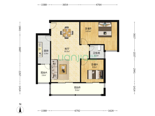 川空家园 2室1厅1卫 92平方