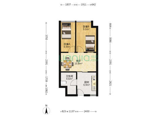 玉桥国际公寓 2室1厅1卫 53平方