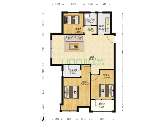 海棠湾四期 3室1厅2卫 121平方