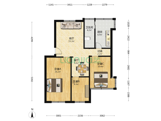 桂木园 3室2厅1卫 66平方