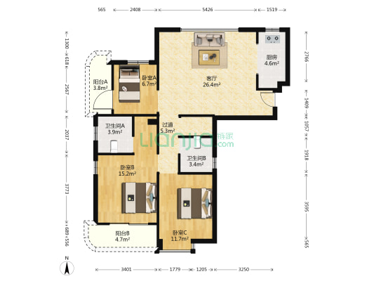 方达嘉园 3室1厅2卫 122平方