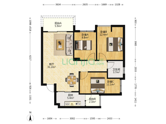 华杰善水公馆 3室1厅1卫 89平方
