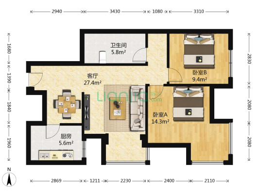 海盛花园 2室1厅1卫 83平方