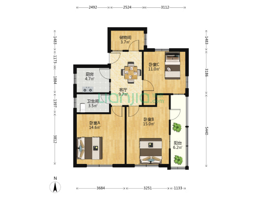吉兆营 3室1厅1卫 89平方