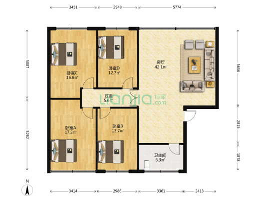 叶挺大道280号 4室1厅1卫 140平方
