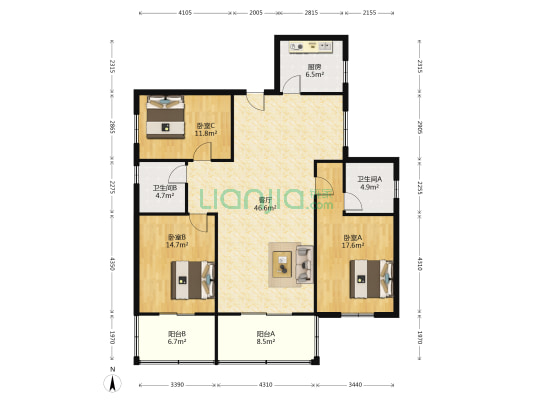 新一中宿舍 3室1厅2卫 140平方