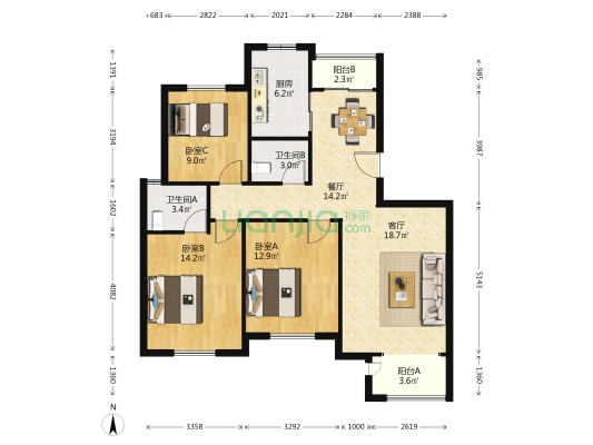 褚家华苑 3室2厅2卫 117平方