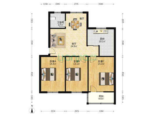 田园社区灵秀小区 3室1厅1卫 103平方