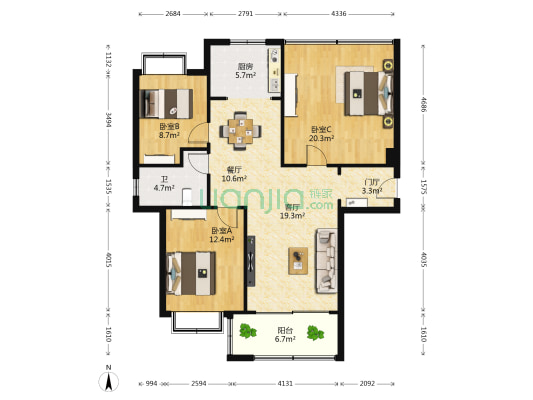 方大上上城 3室2厅1卫 103平方