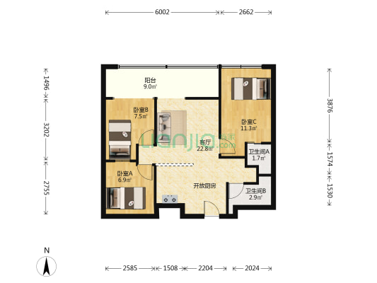爱邦大厦 3室1厅2卫 96平方