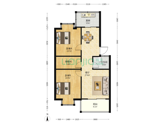 东城世家 2室1厅1卫 94平方