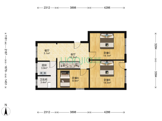 供电小区 3室2厅1卫 85平方