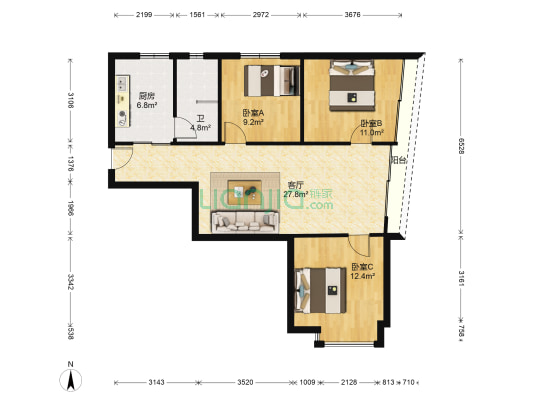 广电大厦 3室1厅1卫 98平方