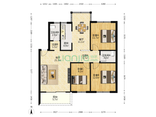 印斗路 3室2厅2卫 103平方