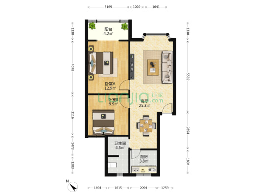 明波花园北苑 2室1厅1卫 73平方