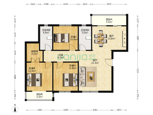 春晓花园 3室2厅2卫 140平方