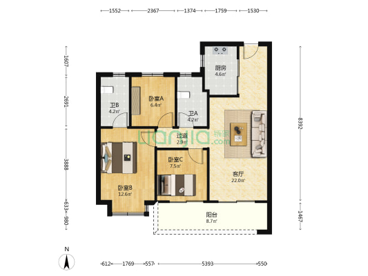 保利朗玥旭章 3室1厅2卫 98平方