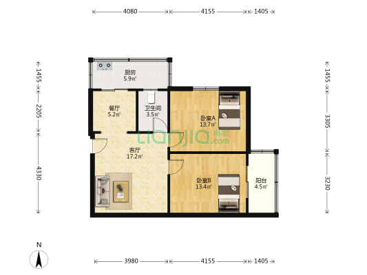 歌舞剧院宿舍 2室2厅1卫 71平方
