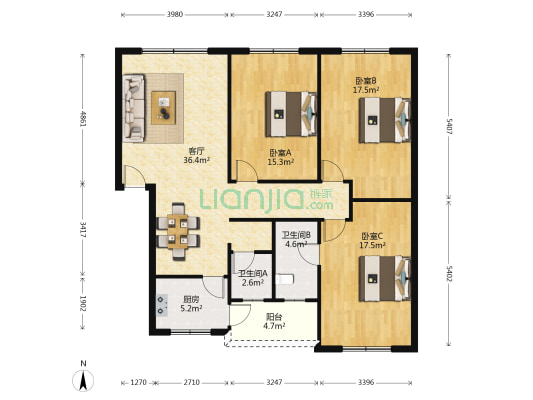 红旗巷23号 3室1厅2卫 125平方