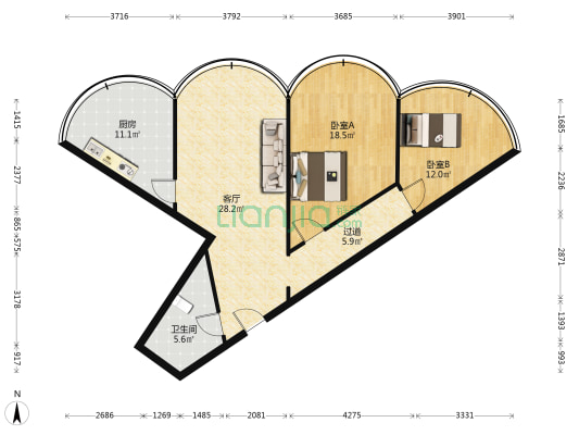 国贸大院 2室1厅1卫 104平方