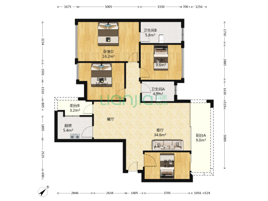 东方润园 4室1厅2卫 128平方