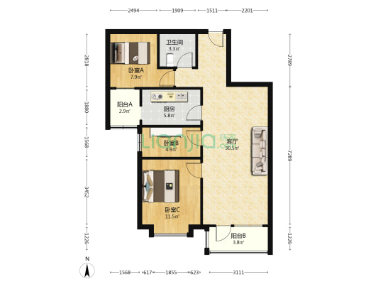 出售华融现代城精品三居 楼层好 采光好-户型图